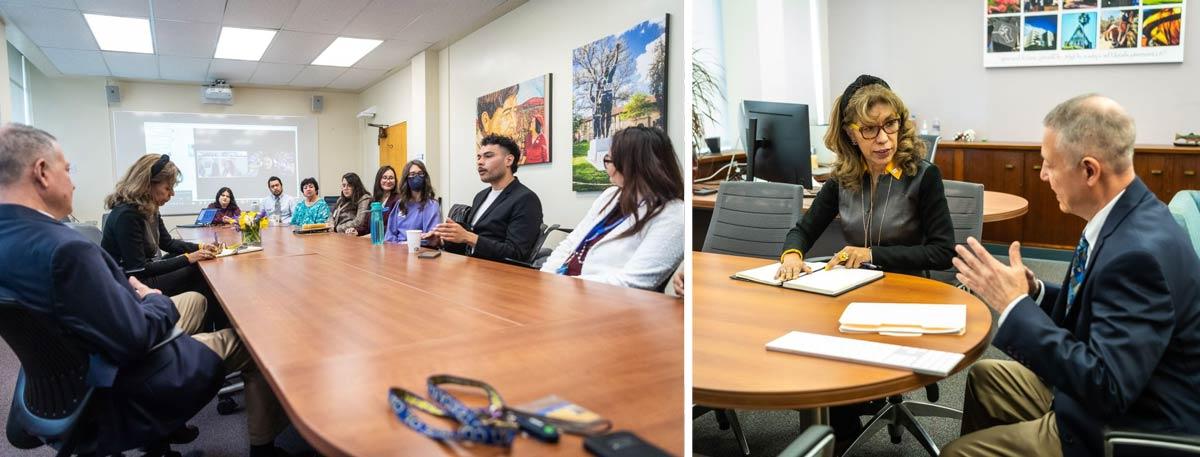 The president speaking with the College of 研究生学习 Dean and students.